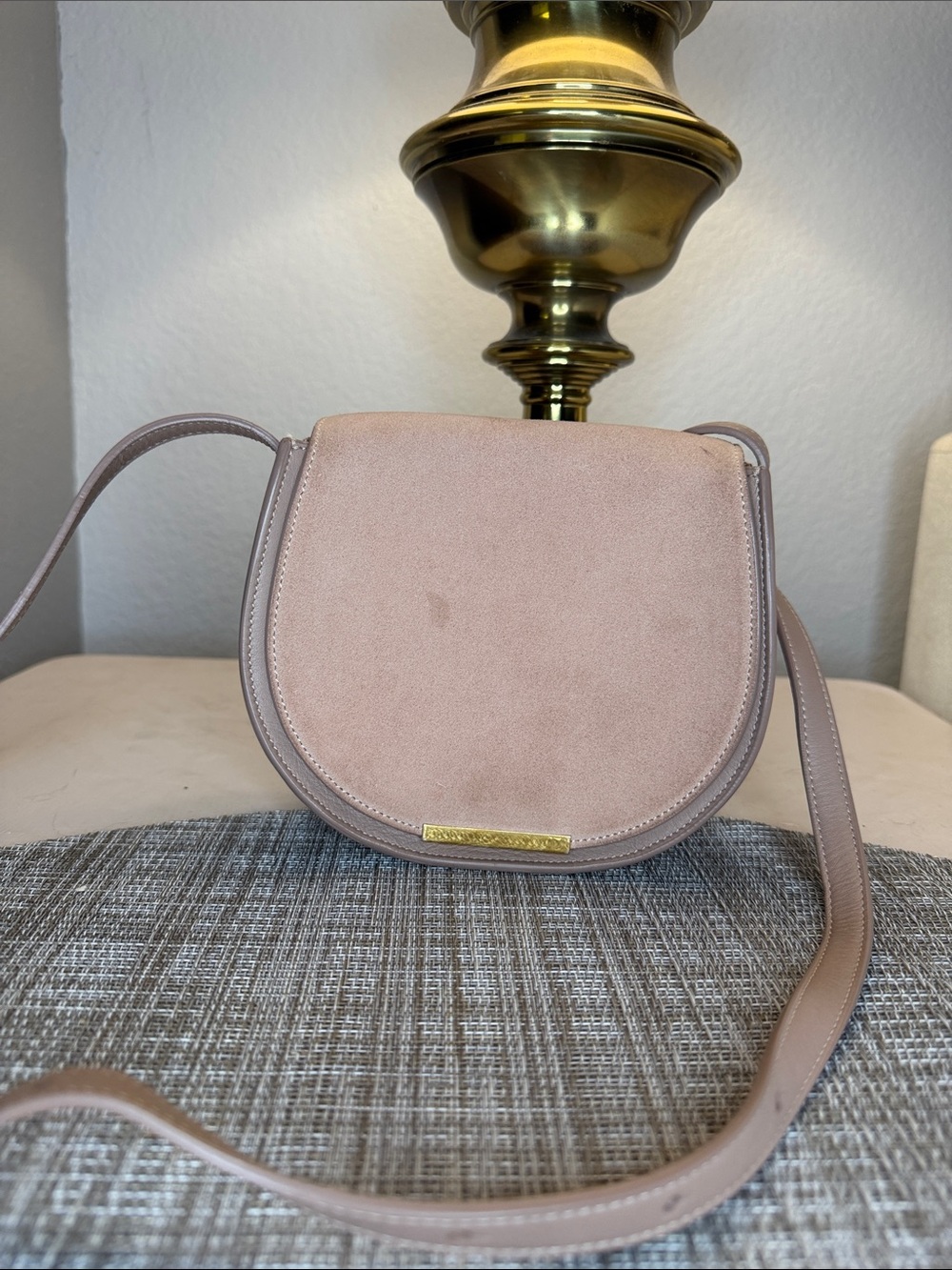 Cuyana Blush Pink Suede Crossbody Saddle Bag